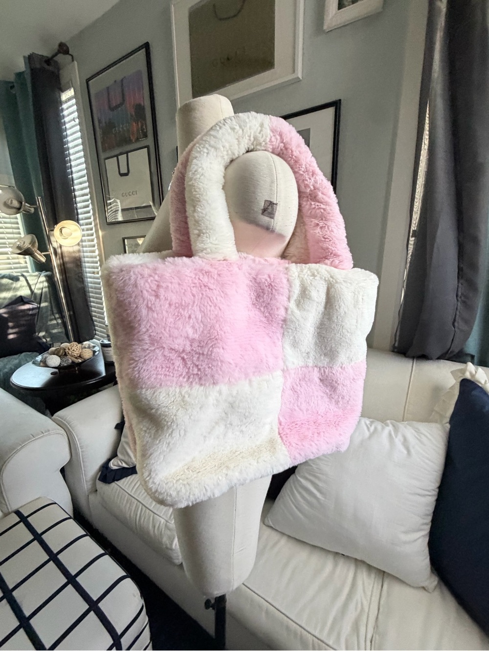 Y2K Faux Fur Checkerboard Tote Bag - Pink & Cream